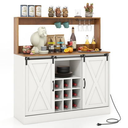 Farmhouse Kitchen Buffet Cabinet with Charging Station Wine Rack and Sliding Barn Doors