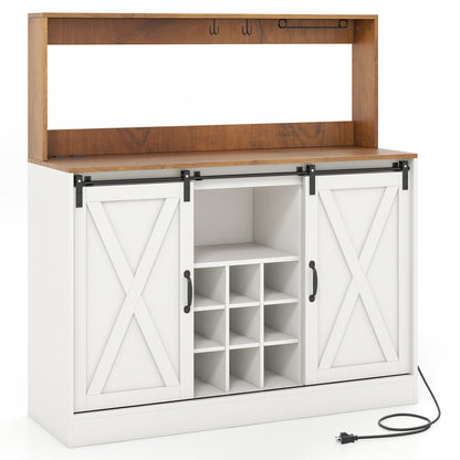 Farmhouse Kitchen Buffet Cabinet with Charging Station Wine Rack and Sliding Barn Doors