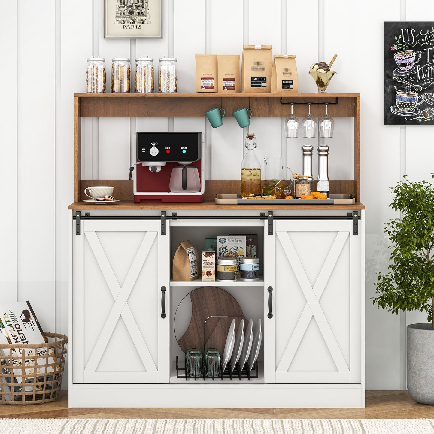 Farmhouse Kitchen Buffet Cabinet with Charging Station Wine Rack and Sliding Barn Doors