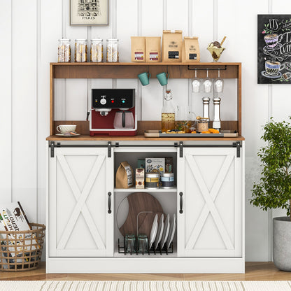 Farmhouse Kitchen Buffet Cabinet with Charging Station Wine Rack and Sliding Barn Doors
