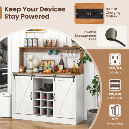 Farmhouse Kitchen Buffet Cabinet with Charging Station Wine Rack and Sliding Barn Doors