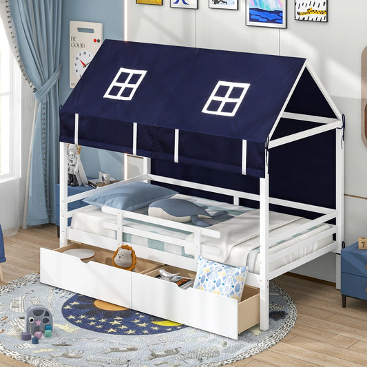 Twin House Bed for Kids with Tent and Storage Drawers