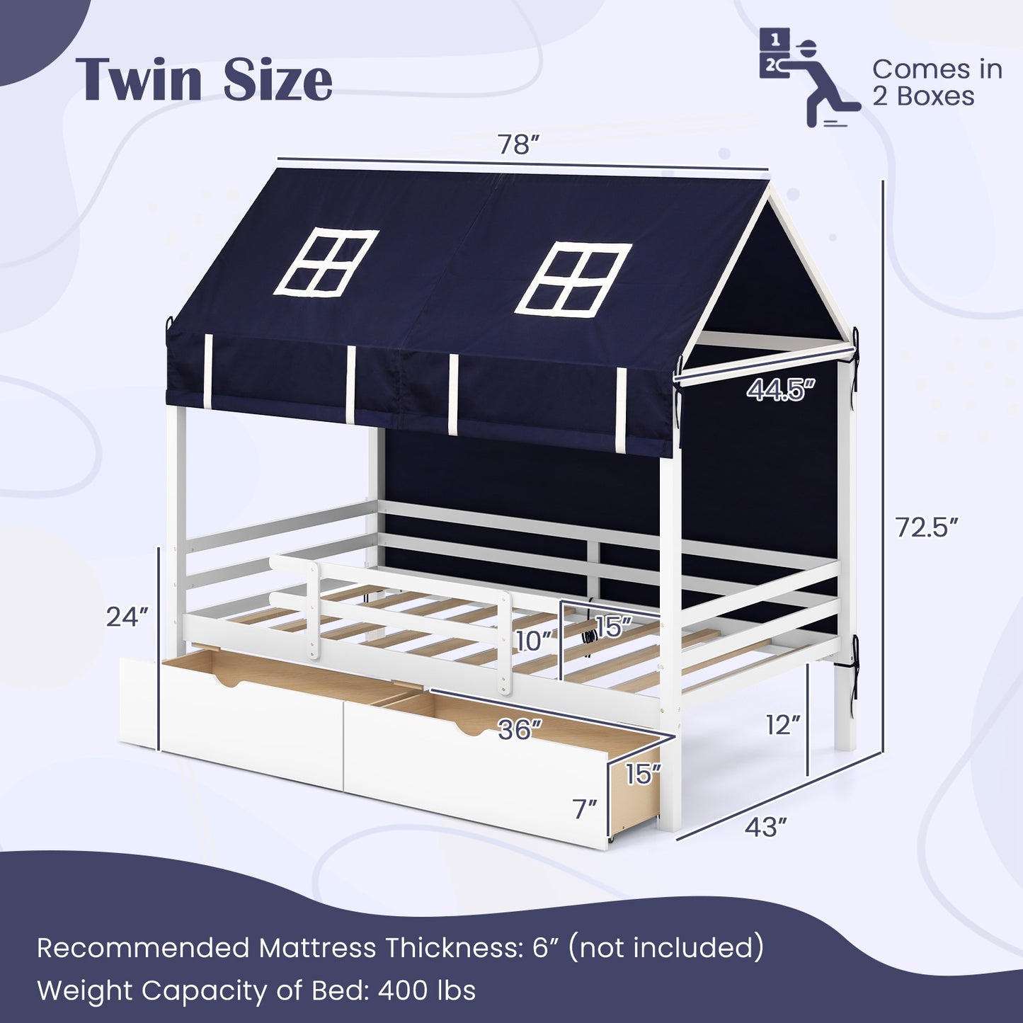 Twin House Bed for Kids with Tent and Storage Drawers