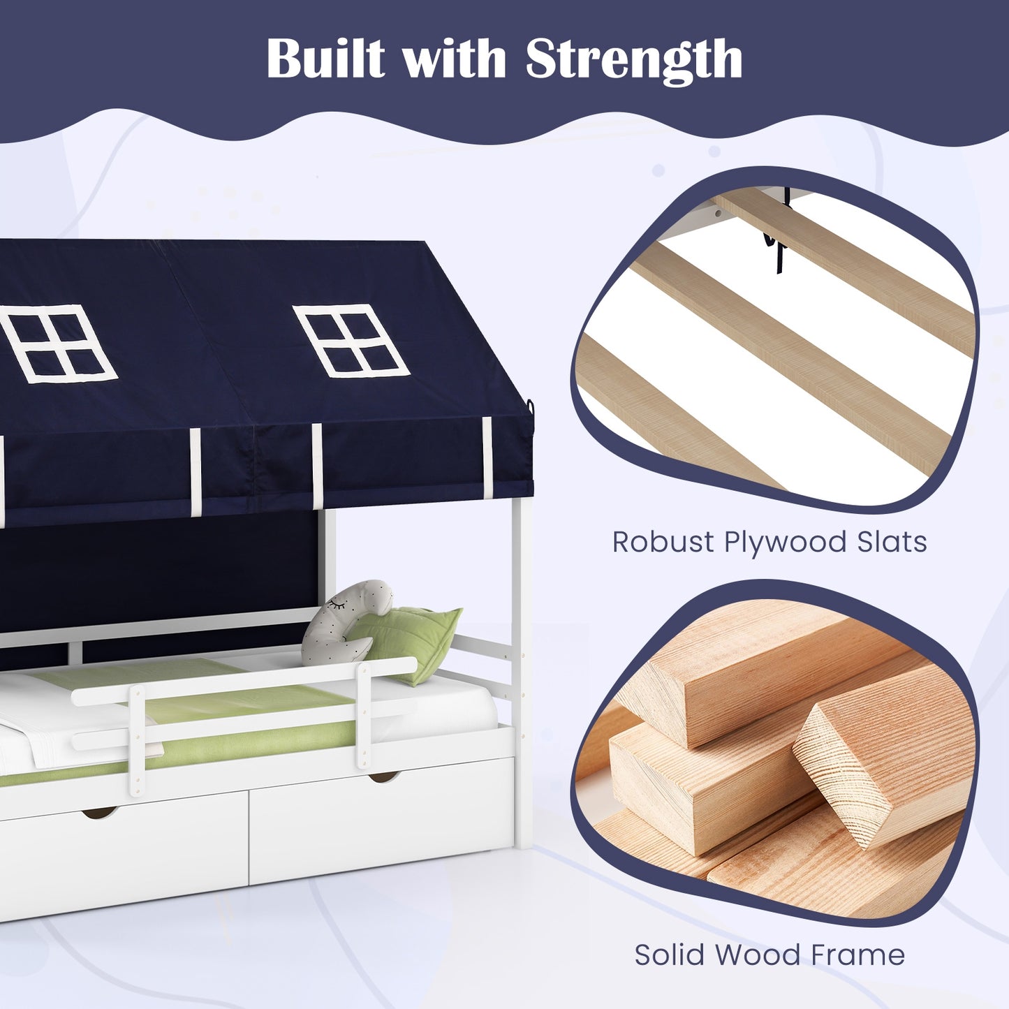 Twin House Bed for Kids with Tent and Storage Drawers