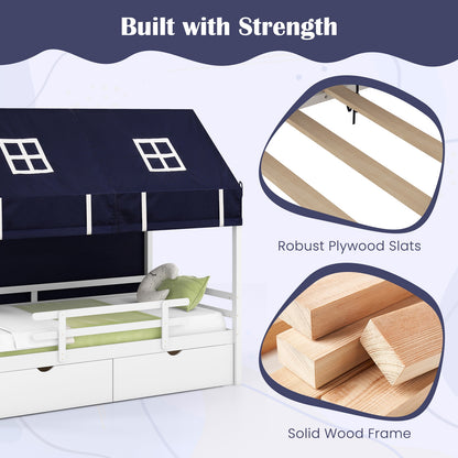 Twin House Bed for Kids with Tent and Storage Drawers