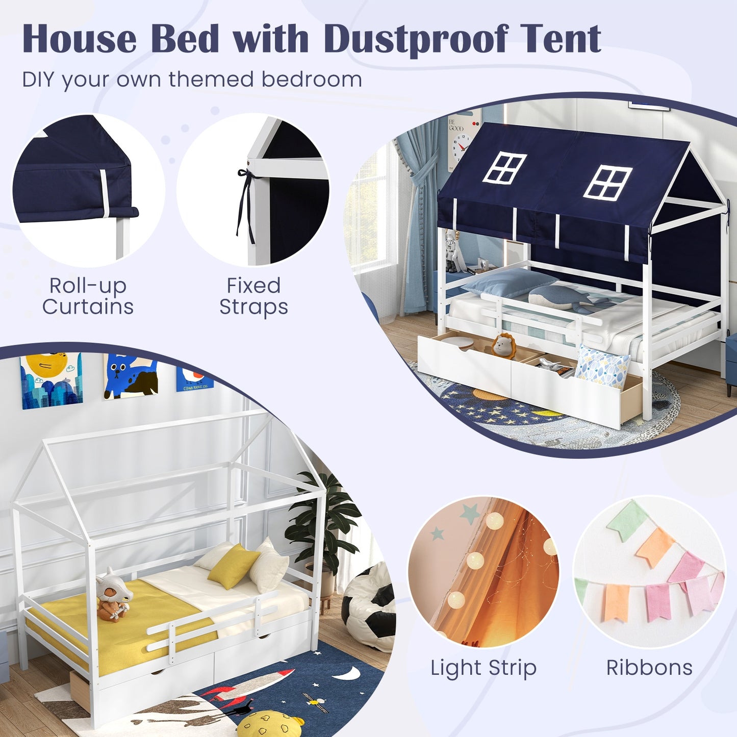 Twin House Bed for Kids with Tent and Storage Drawers