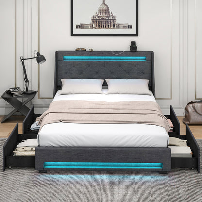 Grey Upholstered Bed Frame with LED Lights, Wingback Headboard, Storage Drawers and Charging Station - Full and Queen Size