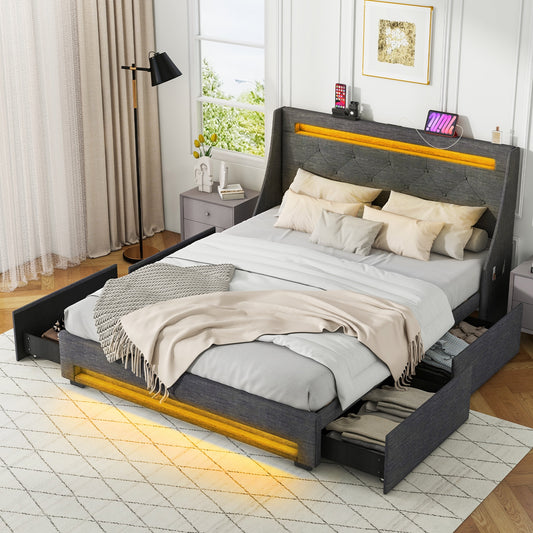 Grey Upholstered Bed Frame with LED Lights, Wingback Headboard, Storage Drawers and Charging Station - Full and Queen Size