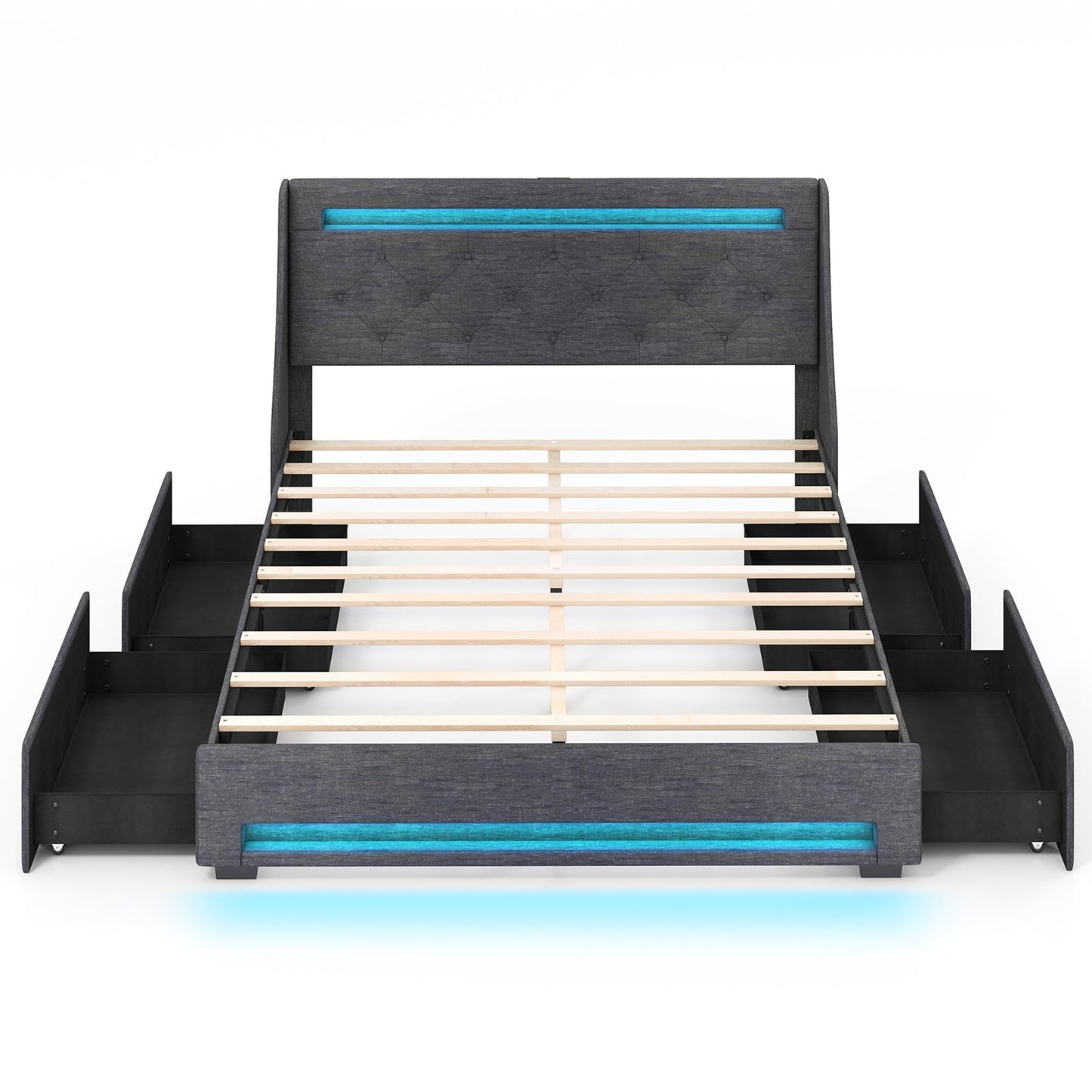 Grey Upholstered Bed Frame with LED Lights, Wingback Headboard, Storage Drawers and Charging Station - Full and Queen Size