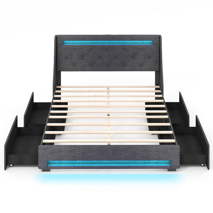 Grey Upholstered Bed Frame with LED Lights, Wingback Headboard, Storage Drawers and Charging Station - Full and Queen Size
