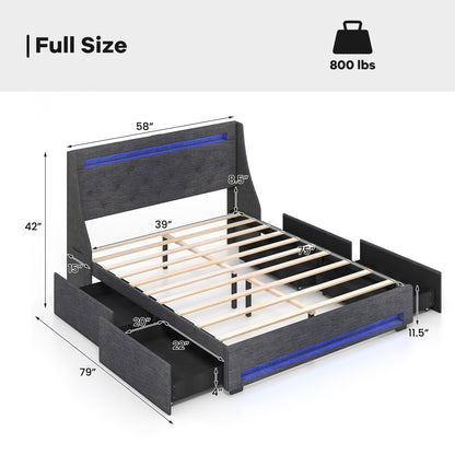 Grey Upholstered Bed Frame with LED Lights, Wingback Headboard, Storage Drawers and Charging Station - Full and Queen Size