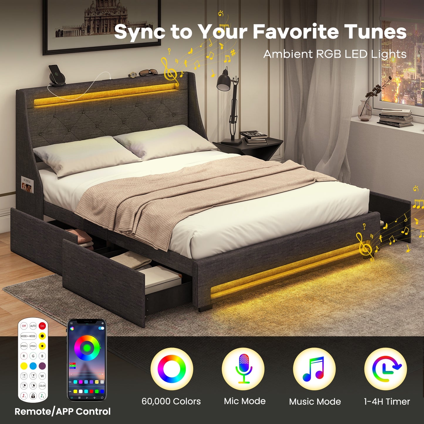 Grey Upholstered Bed Frame with LED Lights, Wingback Headboard, Storage Drawers and Charging Station - Full and Queen Size