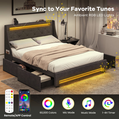 Grey Upholstered Bed Frame with LED Lights, Wingback Headboard, Storage Drawers and Charging Station - Full and Queen Size