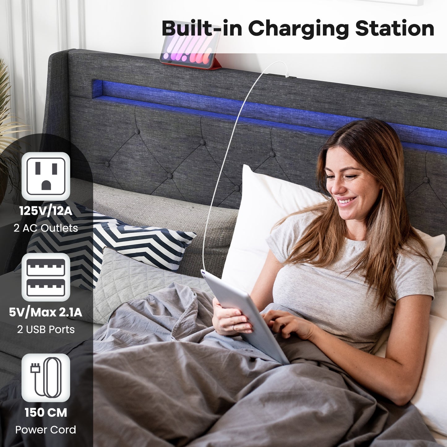 Grey Upholstered Bed Frame with LED Lights, Wingback Headboard, Storage Drawers and Charging Station - Full and Queen Size