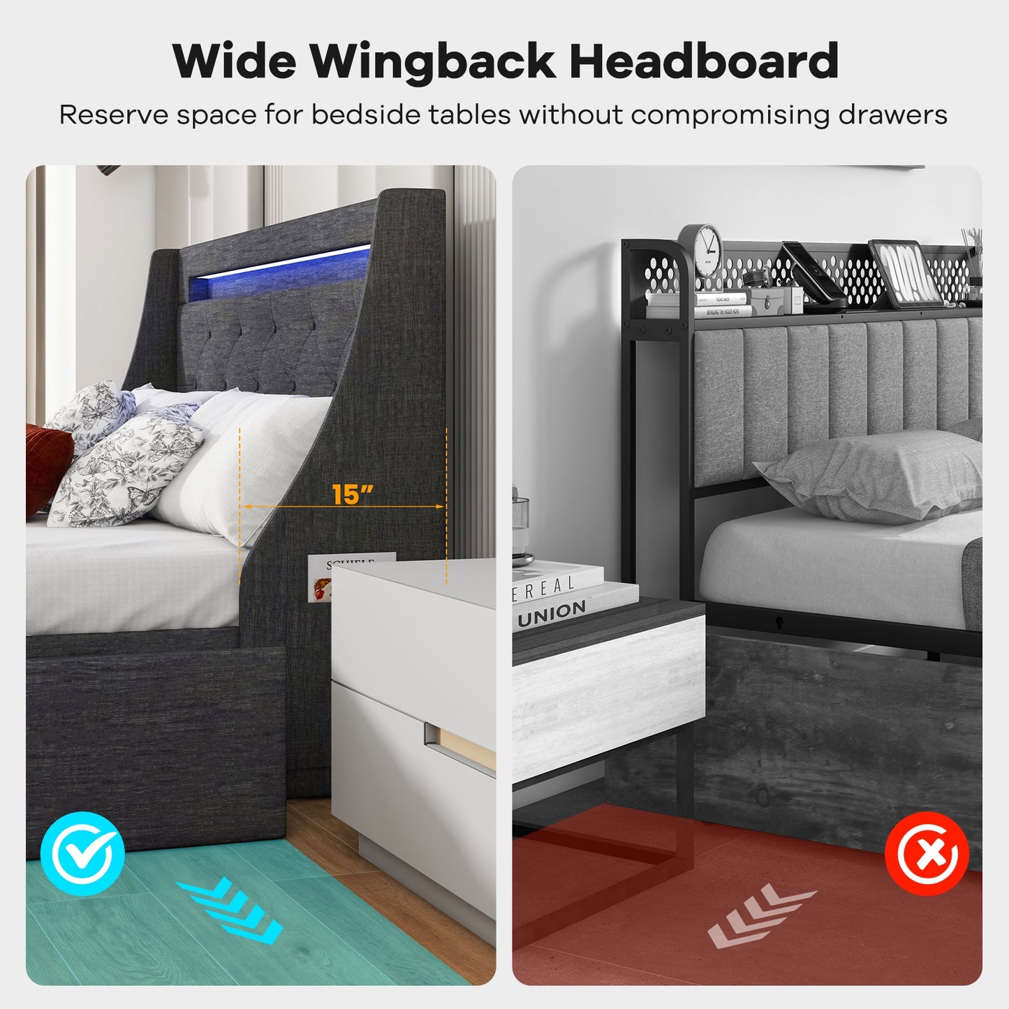 Grey Upholstered Bed Frame with LED Lights, Wingback Headboard, Storage Drawers and Charging Station - Full and Queen Size