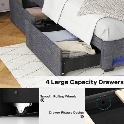 Grey Upholstered Bed Frame with LED Lights, Wingback Headboard, Storage Drawers and Charging Station - Full and Queen Size
