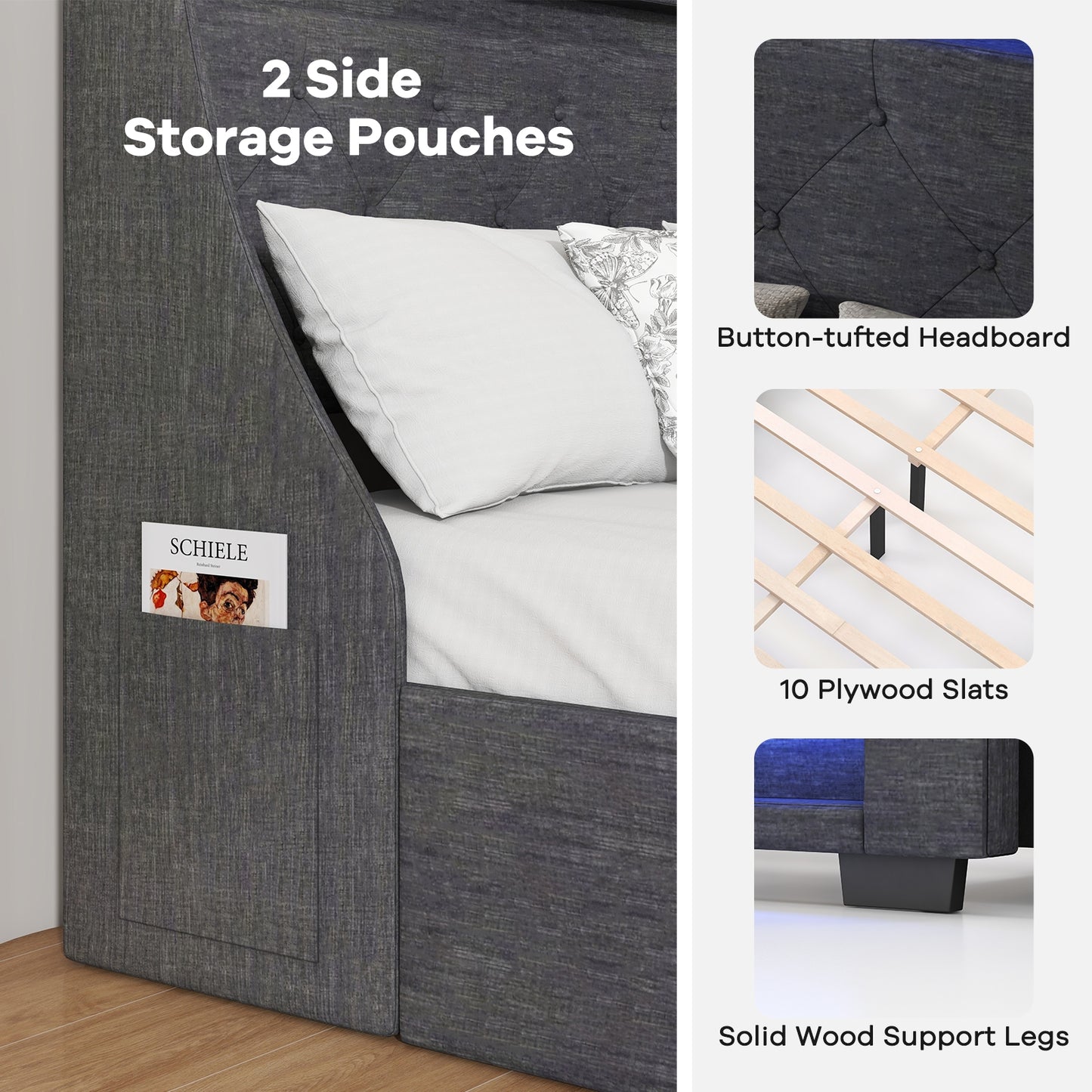 Grey Upholstered Bed Frame with LED Lights, Wingback Headboard, Storage Drawers and Charging Station - Full and Queen Size