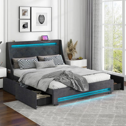 Grey Upholstered Bed Frame with LED Lights, Wingback Headboard, Storage Drawers and Charging Station - Full and Queen Size