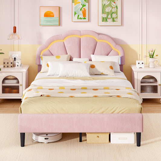 Velvet Upholstered Bed in Pink with RGB LED Lighting, Petal-Inspired Headboard and Sturdy Frame – Full