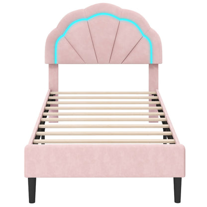 Velvet Upholstered Bed in Pink with RGB LED Lighting, Petal-Inspired Headboard and Sturdy Frame – Twin