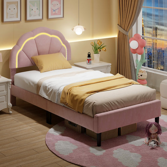 Velvet Upholstered Bed in Pink with RGB LED Lighting, Petal-Inspired Headboard and Sturdy Frame – Twin