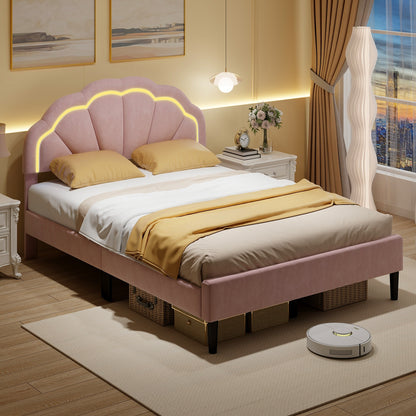 Velvet Upholstered Bed in Pink with RGB LED Lighting, Petal-Inspired Headboard and Sturdy Frame – Full