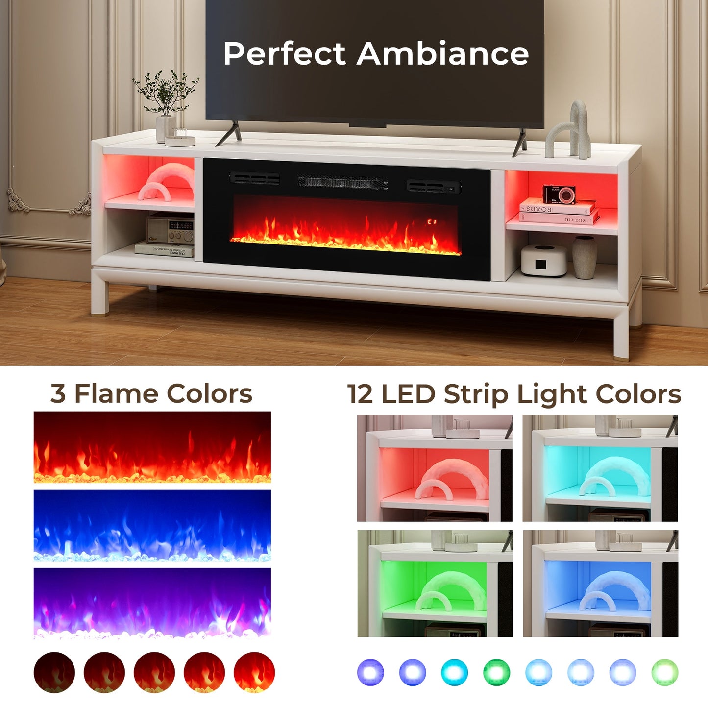 36 Inch Recessed Electric Fireplace Heater with LED Strip Lights & Remote Control