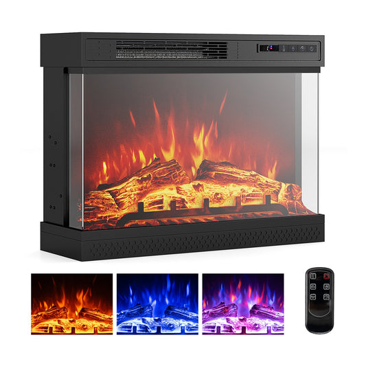 24 Inch Electric Fireplace Heater with 3-Sided Glass & Remote Control