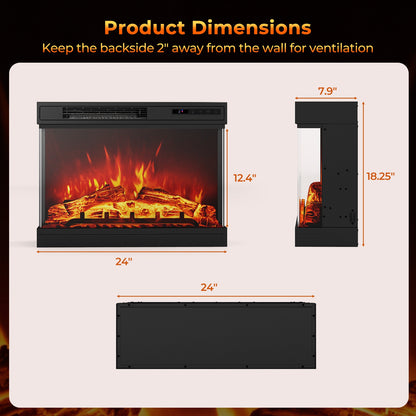 24 Inch Electric Fireplace Heater with 3-Sided Glass & Remote Control