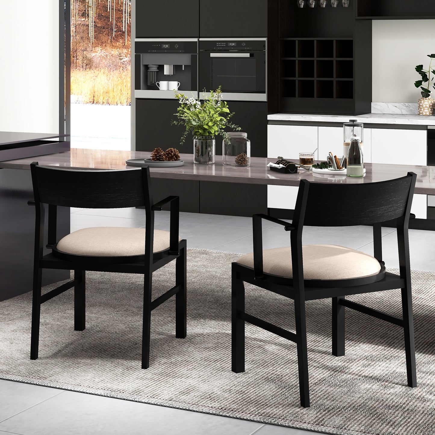 Set of 2 Dining Chairs with Contoured Backrest and Padded Seat in Beige