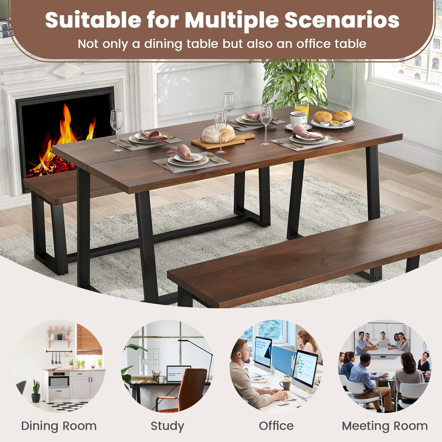 63 Inch Rectangular Dining Table for 4 to 6 People with Sturdy Metal Frame and Wood Finish in Coffee