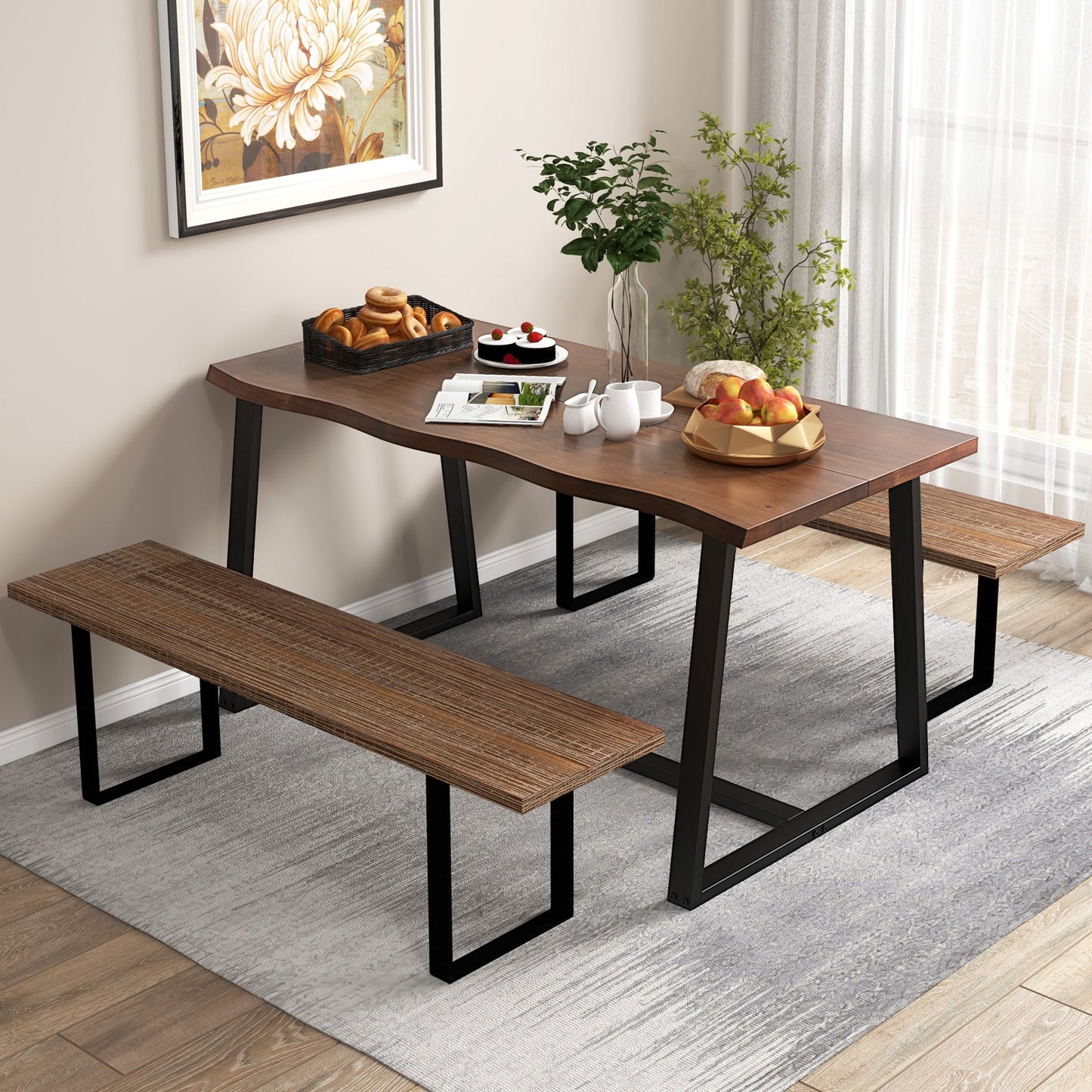 63 Inch Large Farmhouse Dining Table with Wavy Edge and Durable Metal Frame in Coffee Finish