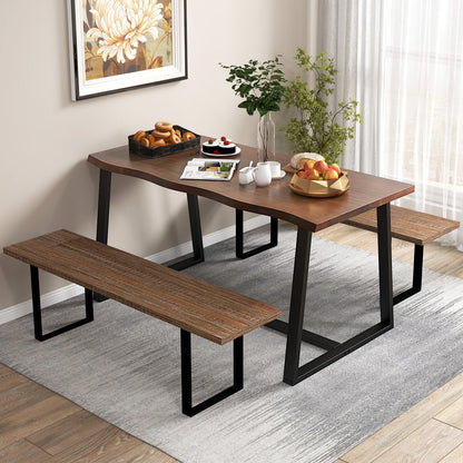 63 Inch Large Farmhouse Dining Table with Wavy Edge and Durable Metal Frame in Coffee Finish