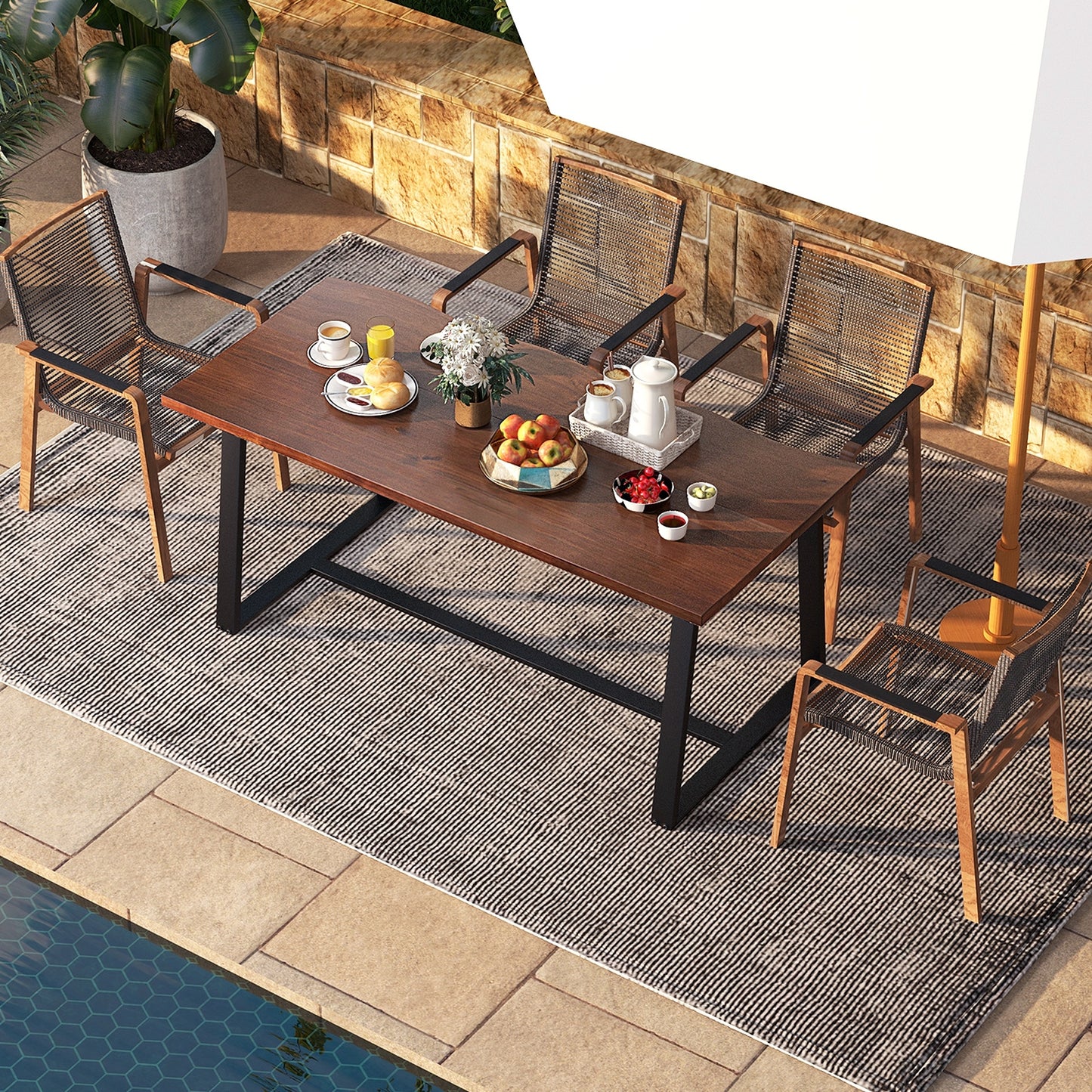63 Inch Large Farmhouse Dining Table with Wavy Edge and Durable Metal Frame in Coffee Finish