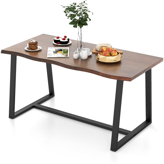 63 Inch Large Farmhouse Dining Table with Wavy Edge and Durable Metal Frame in Coffee Finish