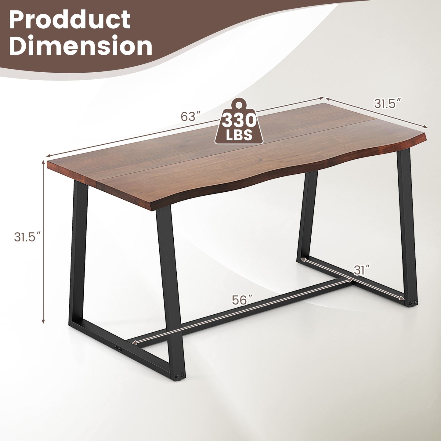 63 Inch Large Farmhouse Dining Table with Wavy Edge and Durable Metal Frame in Coffee Finish