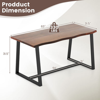 63 Inch Large Farmhouse Dining Table with Wavy Edge and Durable Metal Frame in Coffee Finish