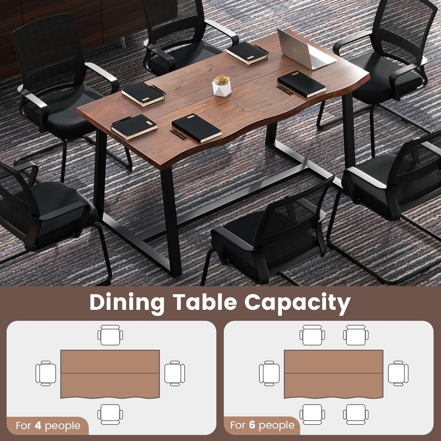 63 Inch Large Farmhouse Dining Table with Wavy Edge and Durable Metal Frame in Coffee Finish