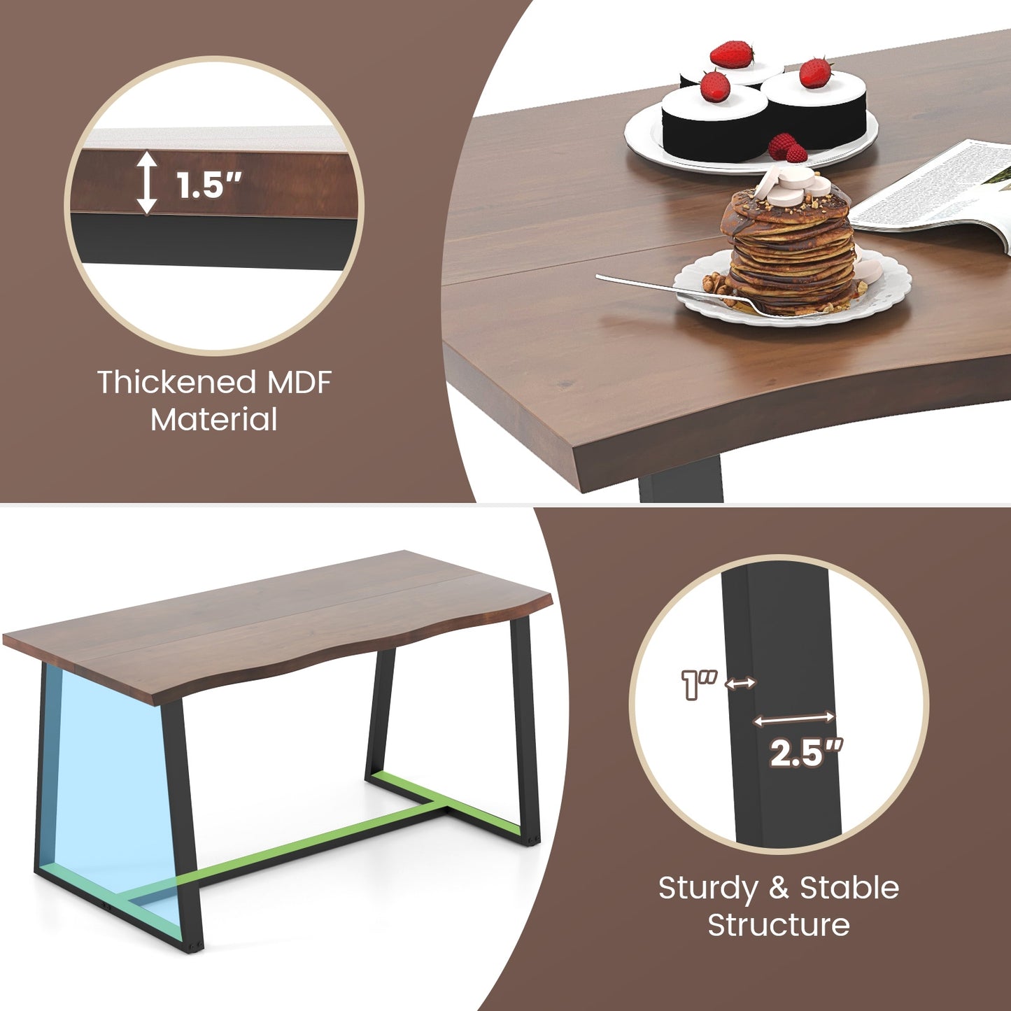 63 Inch Large Farmhouse Dining Table with Wavy Edge and Durable Metal Frame in Coffee Finish