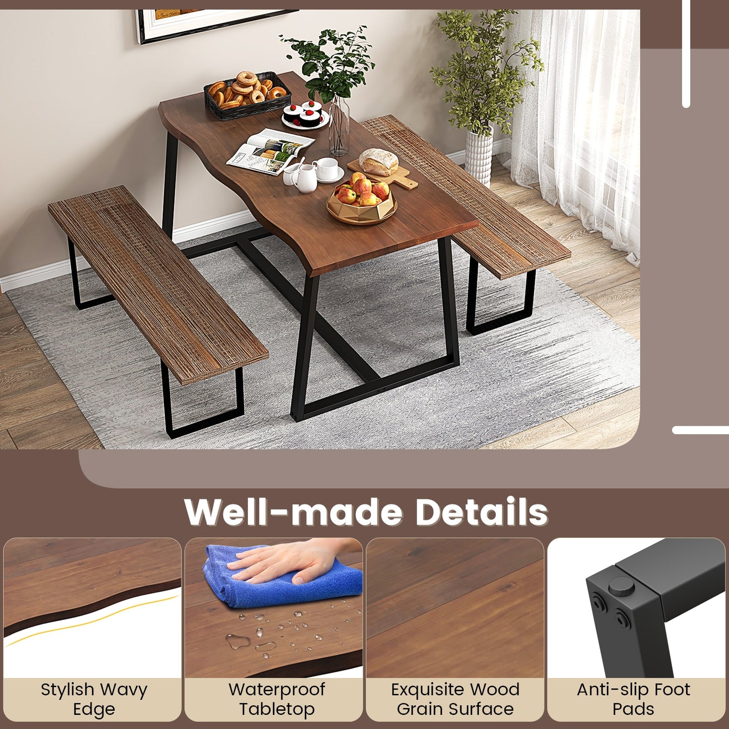 63 Inch Large Farmhouse Dining Table with Wavy Edge and Durable Metal Frame in Coffee Finish