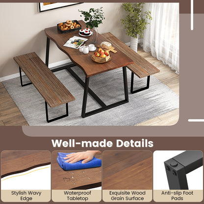 63 Inch Large Farmhouse Dining Table with Wavy Edge and Durable Metal Frame in Coffee Finish