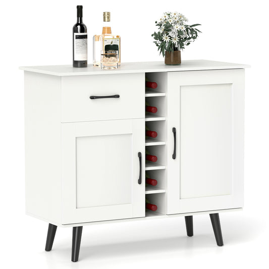 Modern Buffet Sideboard with 2 Cabinets, Storage Drawer and 6 Bottle Wine Rack - White