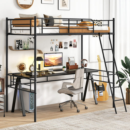 Space-Saving Twin Loft Bed Metal Frame with Safety Guardrails and Inclined Ladder