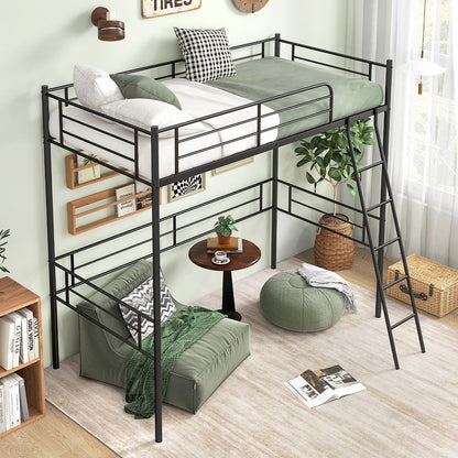 Space-Saving Twin Loft Bed Metal Frame with Safety Guardrails and Inclined Ladder