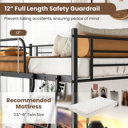 Space-Saving Twin Loft Bed Metal Frame with Safety Guardrails and Inclined Ladder