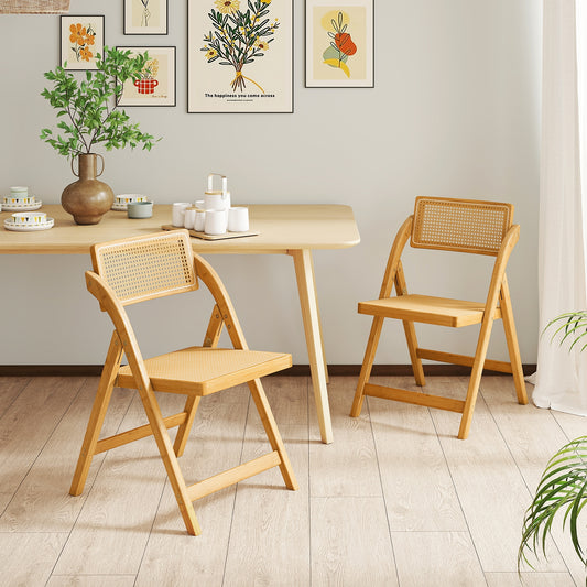 Foldable Rattan Dining Chairs with Rotating Backrest and Bamboo Frame Set of 2