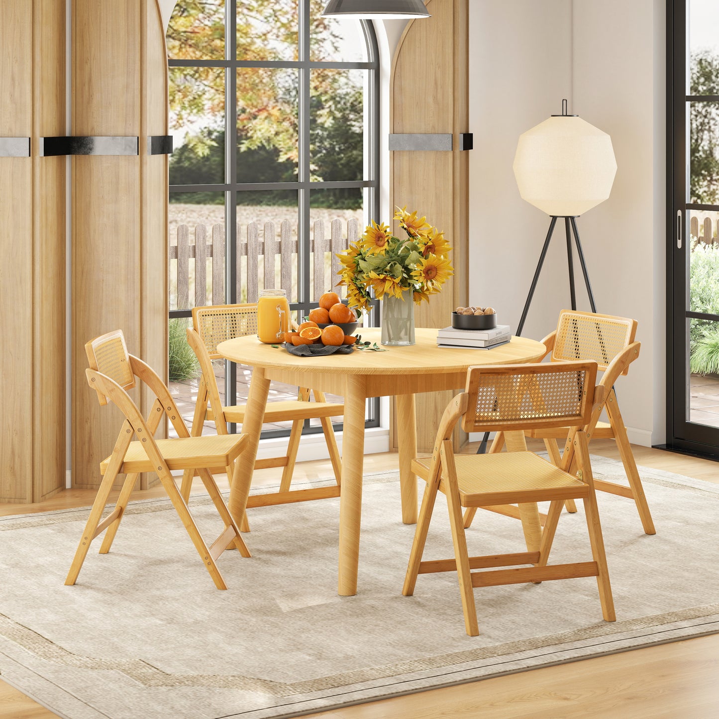 Foldable Rattan Dining Chairs with Rotating Backrest and Bamboo Frame Set of 2