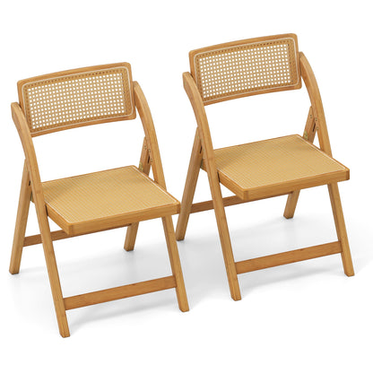 Foldable Rattan Dining Chairs with Rotating Backrest and Bamboo Frame Set of 2