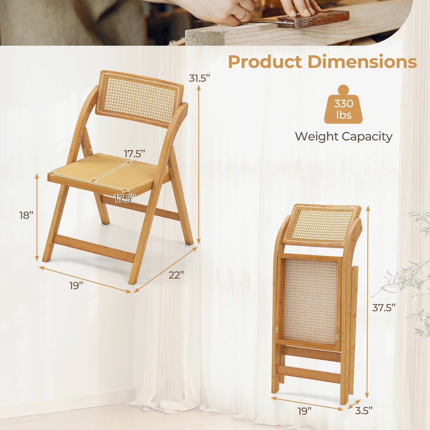 Foldable Rattan Dining Chairs with Rotating Backrest and Bamboo Frame Set of 2