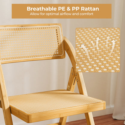 Foldable Rattan Dining Chairs with Rotating Backrest and Bamboo Frame Set of 2